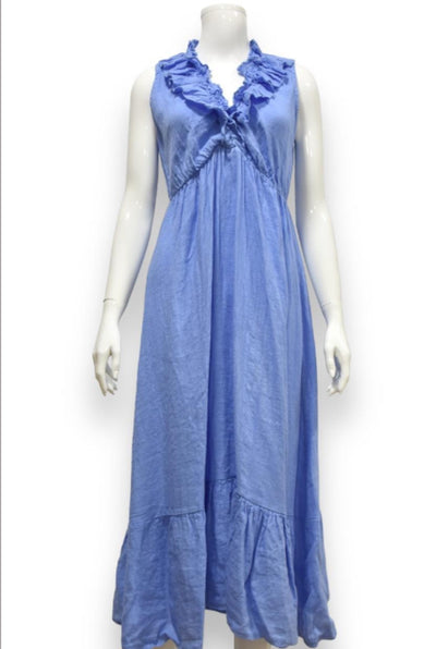 Frilly Neck Linen Dress