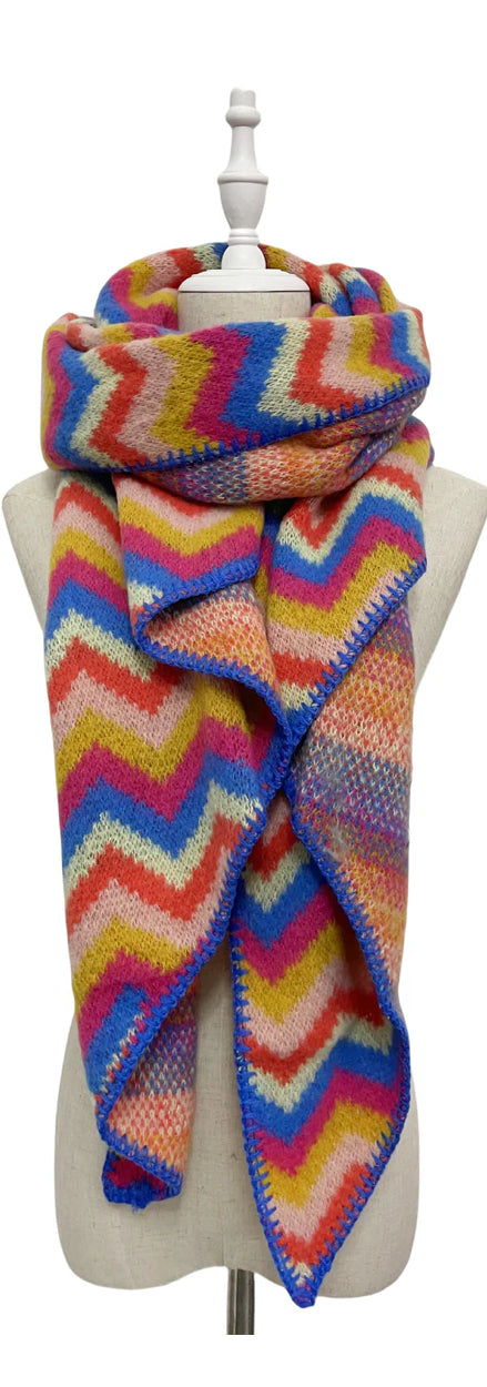 Charlie Chevron Print Wool Blend Scarf - Blue