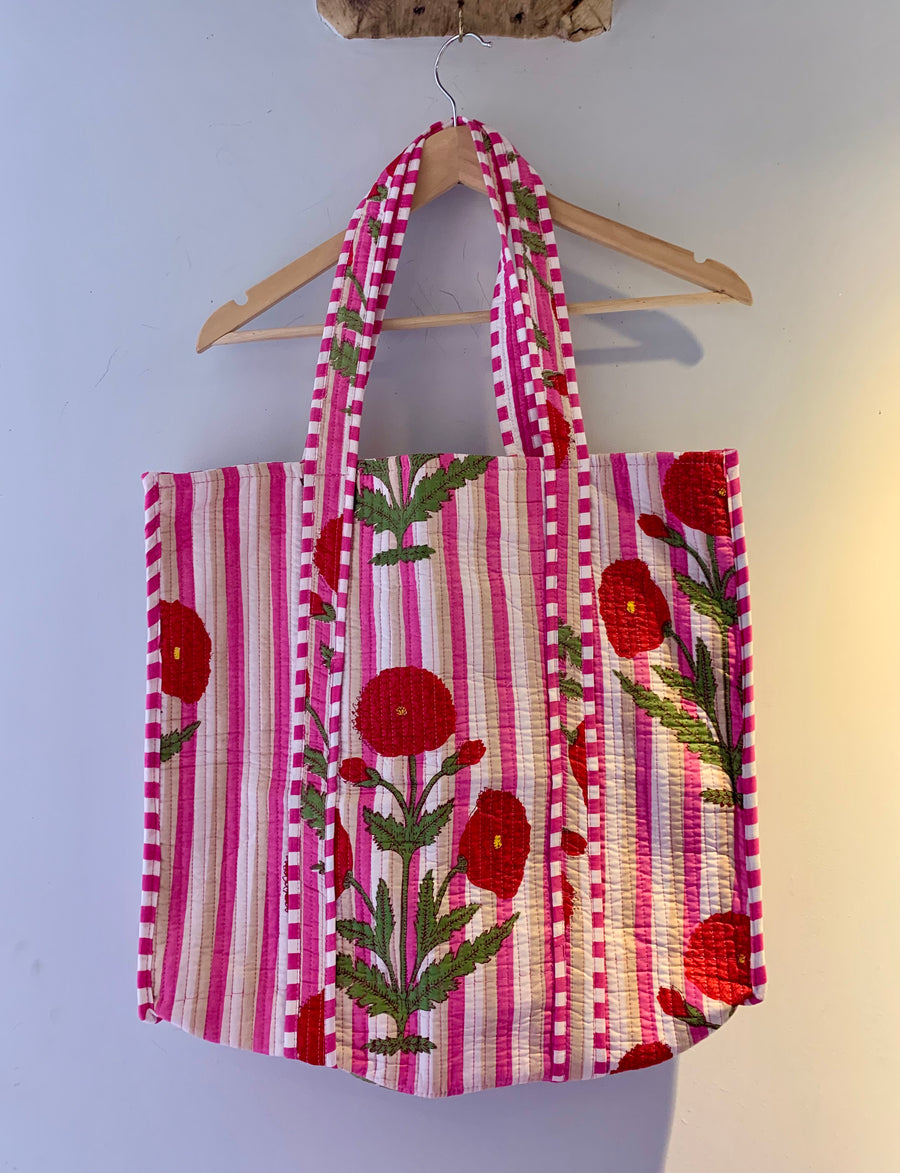 Pink stripe poppy Tote Bag