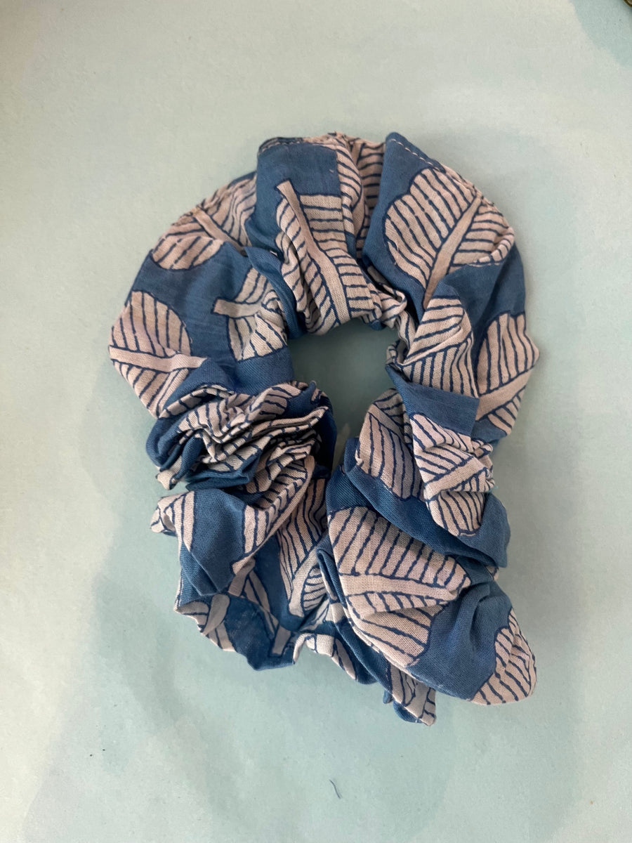 Blue and white fern scrunchie