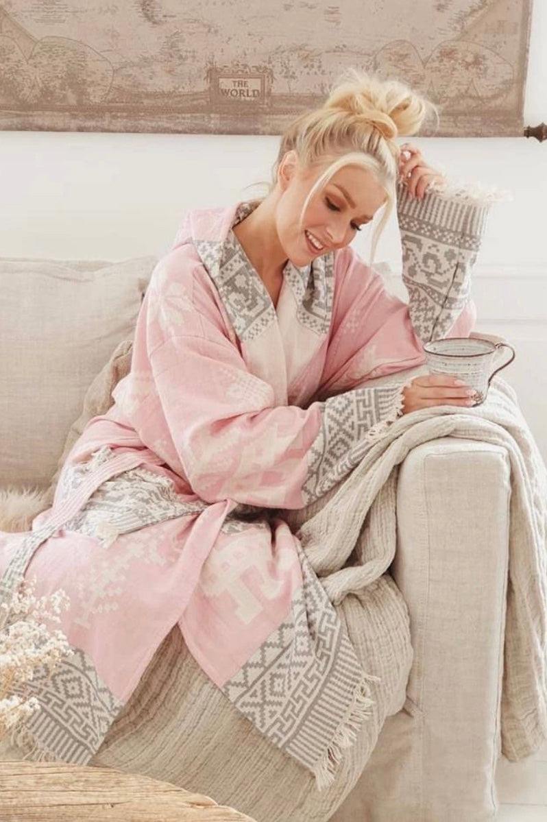 Kentima Ladies Bathrobe - Pink & Anthrax - Aurina Ltd